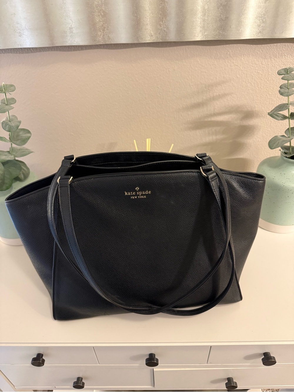 kate spade Black Pebbled Leather Tote with Gold Logo